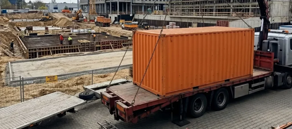 Rozładunek pomarańczowego kontenera morskiego na plac budowy za pomocą dźwigu samochodowego HDS.