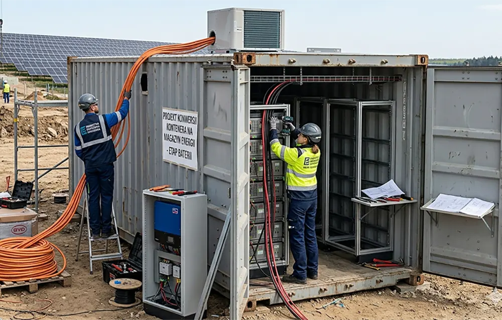 Zdjęcie przedstawia plac budowy na terenie farmy fotowoltaicznej, gdzie dwoje techników w kaskach i kamizelkach odblaskowych przerabia kontener morski na magazyn energii. Mężczyzna stojący na podeście układa grube pomarańczowe kable zasilające, natomiast kobieta wewnątrz kontenera montuje moduły bateryjne w metalowych regałach.